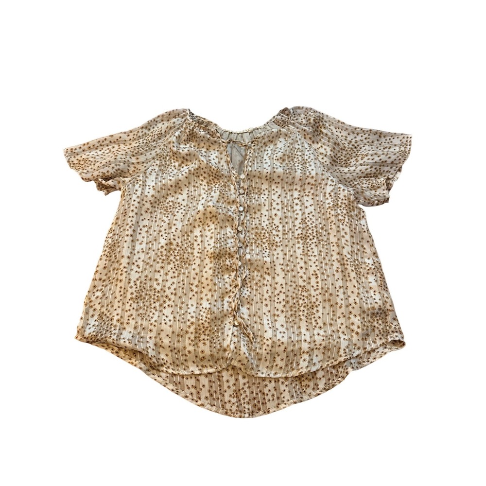 Lush Floral Blouse Women Cream Gold Boho Shimmer Button Front SIZE S